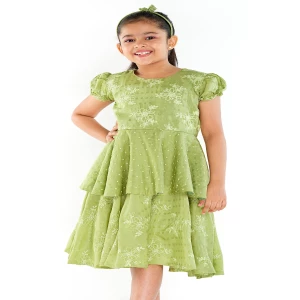 Lime Green Embroidered Linen Party Frock with Hair Band